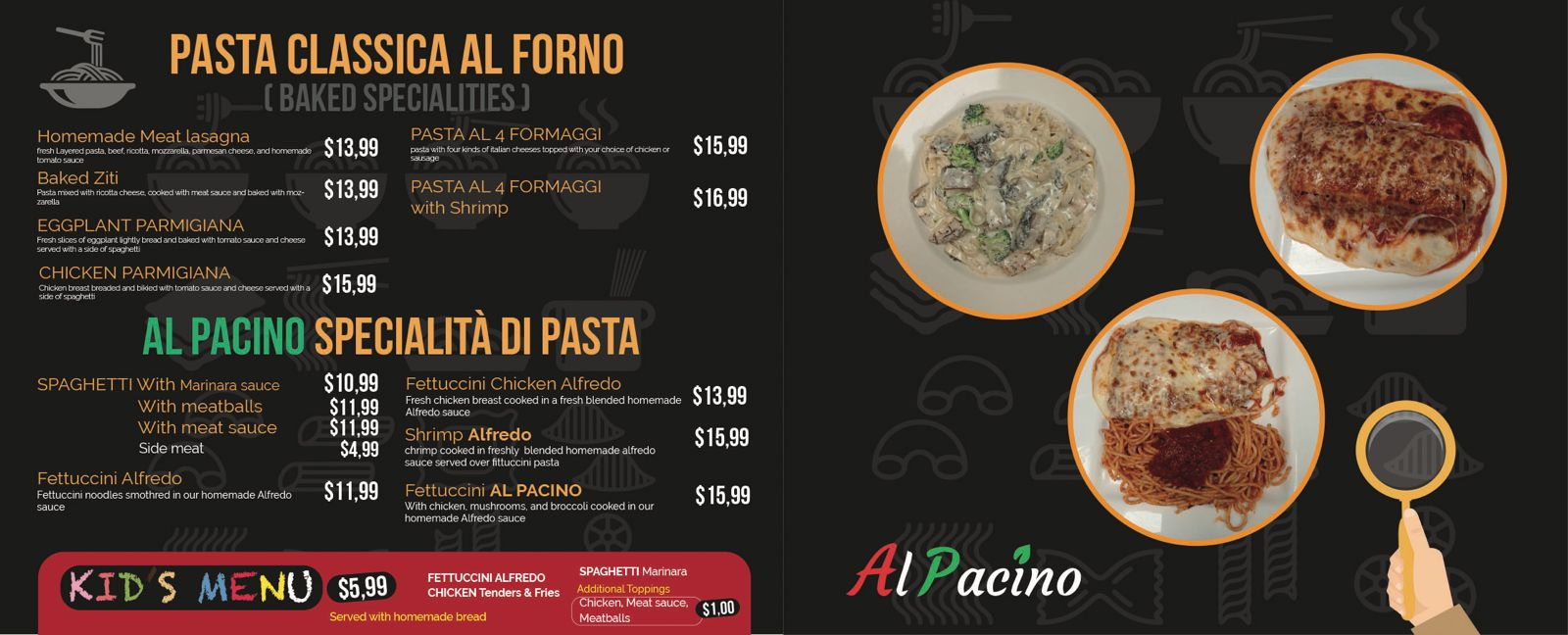 Al Pacino pasta menu
