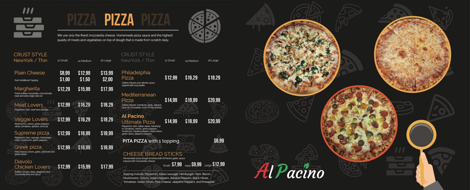 Al Pacino pizza menu